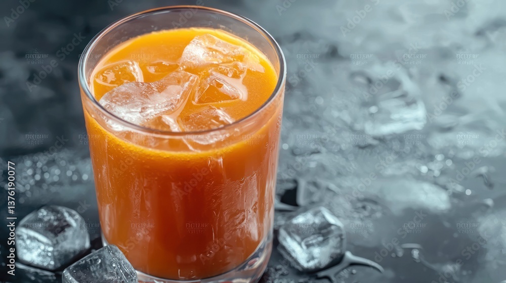 Poster glass of freshly squeezed carrot juice with ice cubes