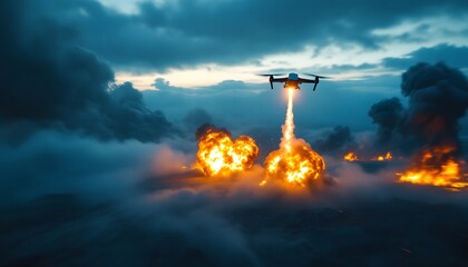 Drone Flying Above Explosions with Fire and Smoke at Dramatic Sunset Scene