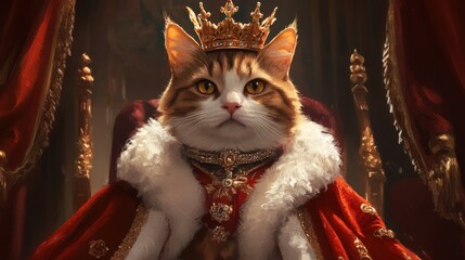 Pet portrait in royal style of A regal cat adorned with a crown and cape, embodying elegance and charm in a lavish setting. illustration