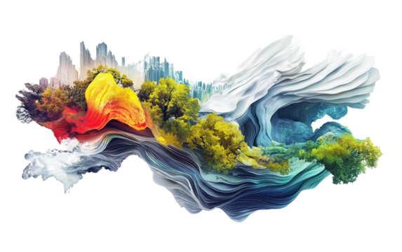 Abstract landscape featuring surreal elements blending natural forms with imaginative designs isolated on white background PNG