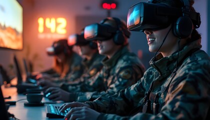 Soldiers Wearing Vr Headsets Gaming and Smiling in a Modern Military Setting