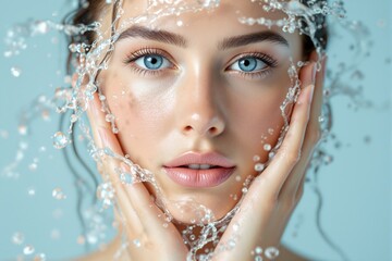 Woman with blue eyes and water splashes on face, touching skin with hands, on light blue background. Concept of skincare, freshness, and beauty. Ai generative