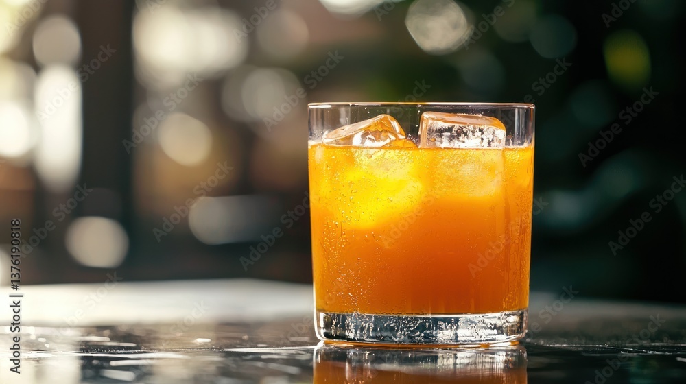 Poster glass of freshly squeezed carrot juice with ice cubes