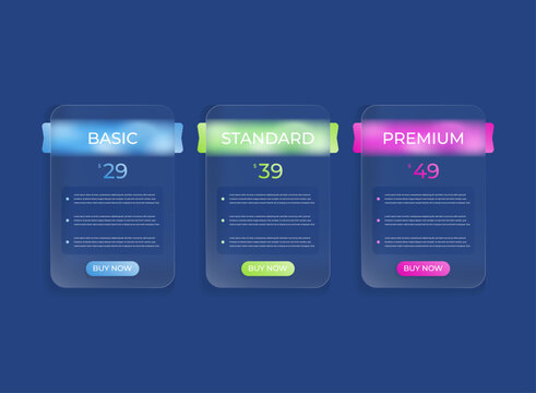 price chart table plans list tariff modern trendy gradient glass morphism shape vector illustration