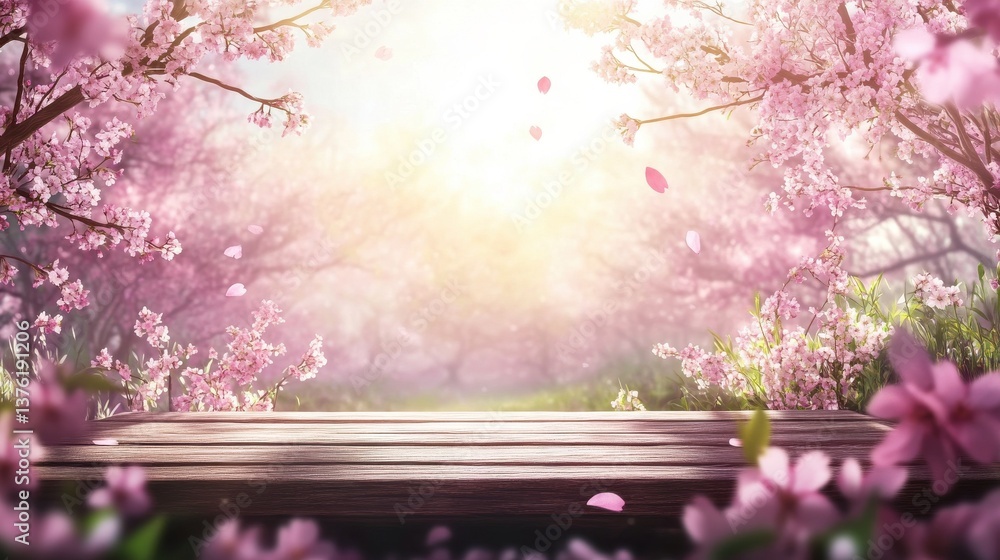 Aufkleber spring background with wooden table. natural template for product display with cherry blossoms bokeh