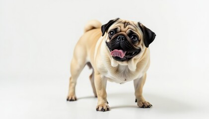 Obraz premium Solo pug, alert expression, pure white backdrop, pug, brown eyes