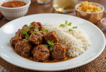 Fototapeta premium A delicious and savory dish of chettinad pepper mutton dry served on a plate with spices and herbs on top.