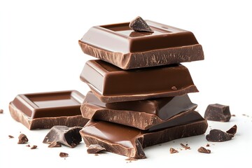 Dark chocolate pieces crashed on white background