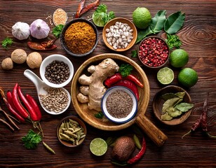 Selection of spices herbs and ingredients for cooking, Food background