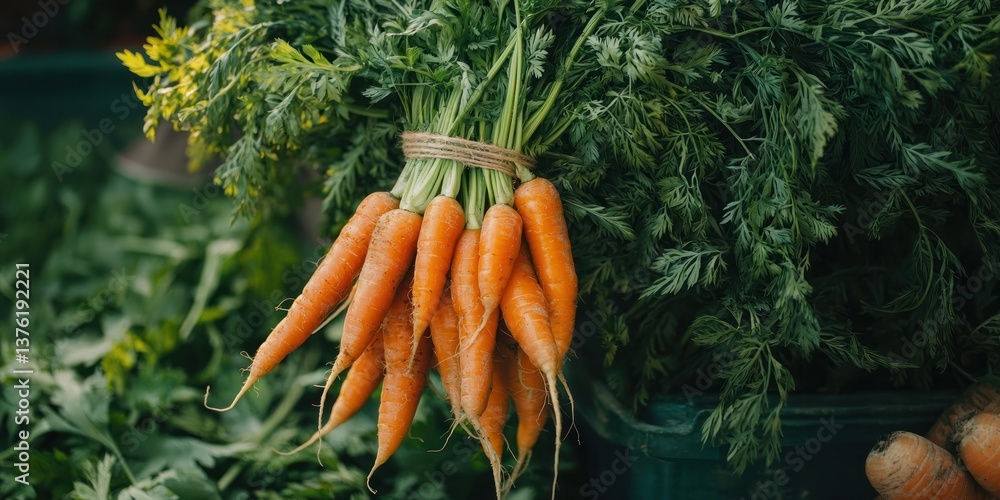 Poster group of fresh carrots in a bundle with leafy tops