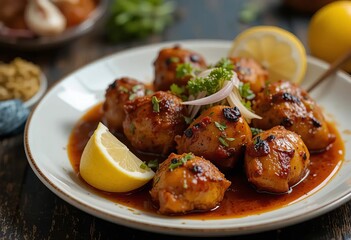 A plate of chicken tikka with sauce, onions, and a lemon wedge