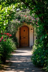 Fototapeta premium a close up of a wooden door in a garden with flowers