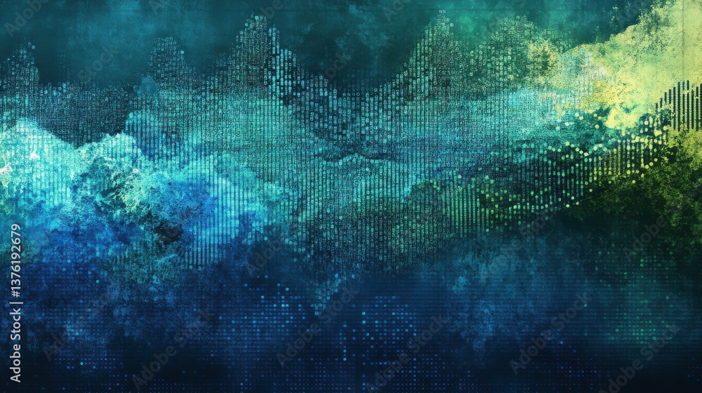 Poster an abstract image with blue and green tones. the background is a digital binary code wave. illustrat