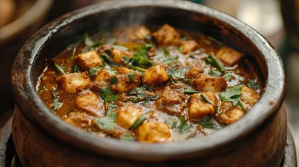 Creamy makhan with fresh tulsi leaves served in an earthen pot showcasing traditional culinary preparation