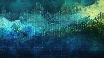 An abstract image with blue and green tones. The background is a digital binary code wave. illustration