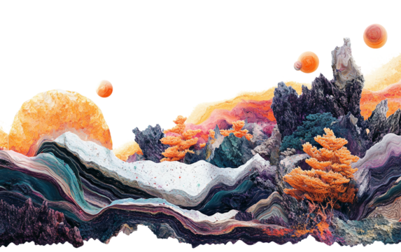 Creative surreal landscape artwork combining realistic scenery with abstract imaginative features isolated on white background PNG