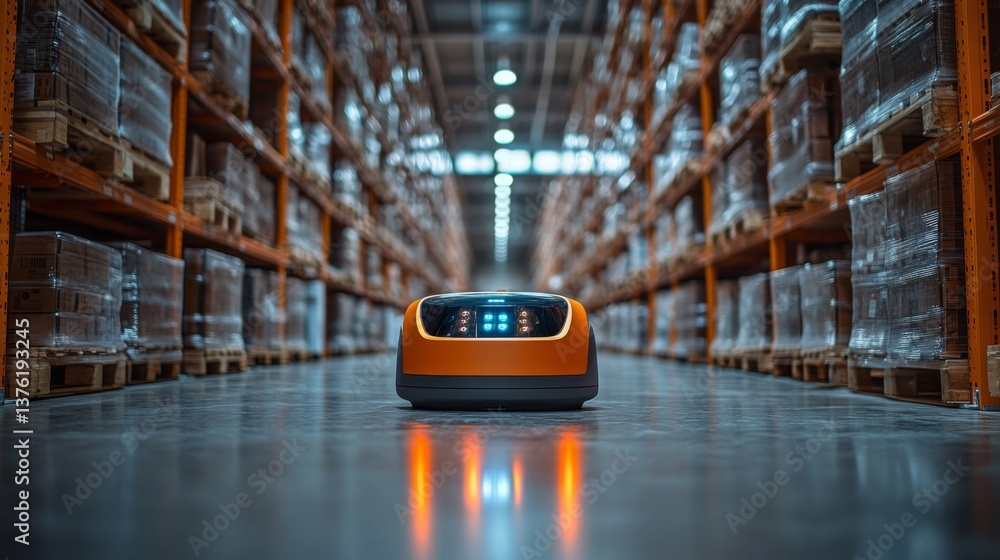 Poster a sleek automated robot navigates through a wide warehouse aisle lined with wooden pallets, optimizi