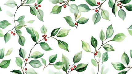 Seamless watercolor pattern featuring green winter leaves branches and mistletoe berries ideal for wedding invitations and seasonal promotions illustration