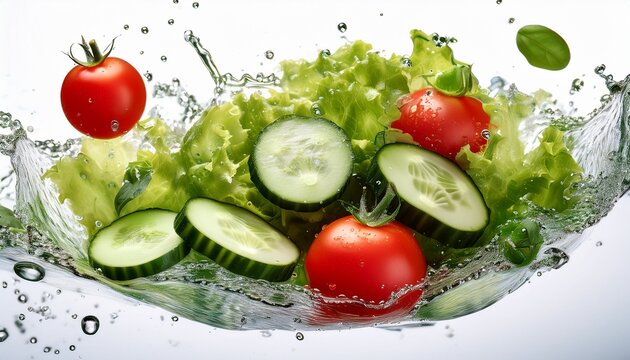 concombres tomates et salade fraiche avec eclaboussures d eau gros plan sur fond blanc photographie culinaire professionnelle