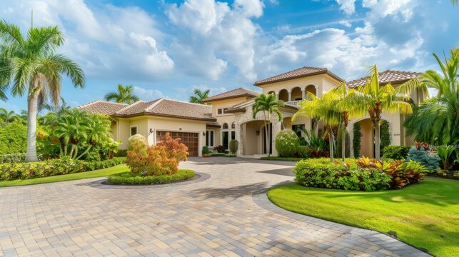 Gorgeous villa with a parking area, expansive yard, and tropical plants around the pool.