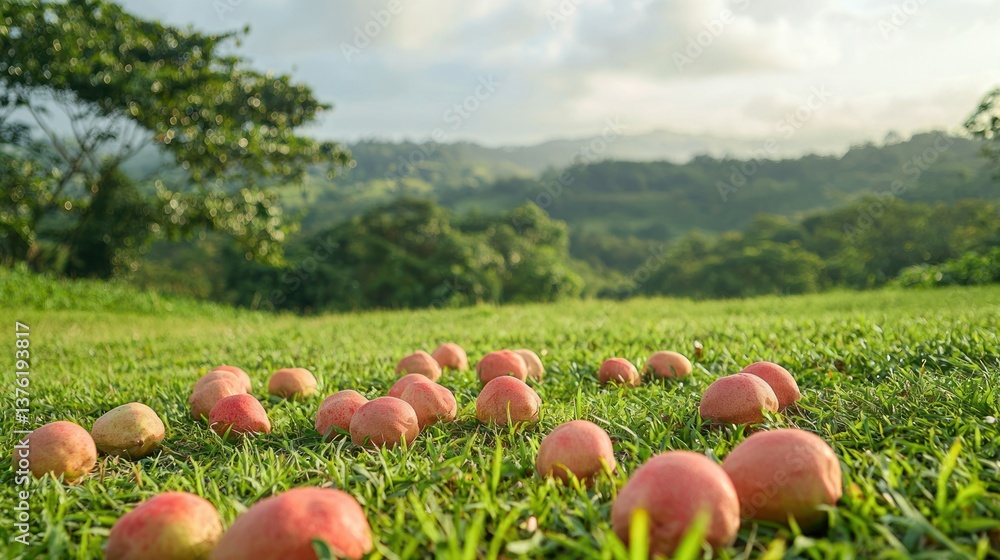 Poster guava fruits scattered on a grassy field with a scenic forest in the distance.