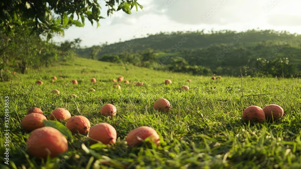Poster guava fruits scattered on a grassy field with a scenic forest in the distance.