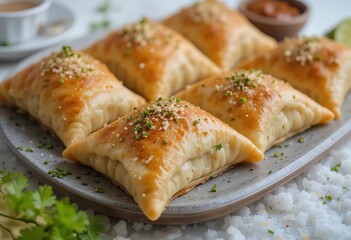 A plate of different Middle Eastern pastries such as fatayer, samosas, and manaqeesh with various fillings.