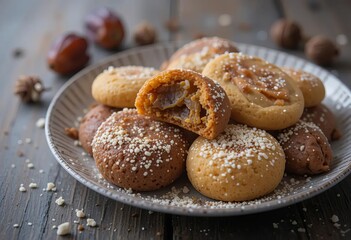 A close-up of assorted semolina maamoul (mamoul) cookies with dates filling