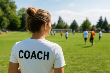 Female soccer coach watching her team training on the field