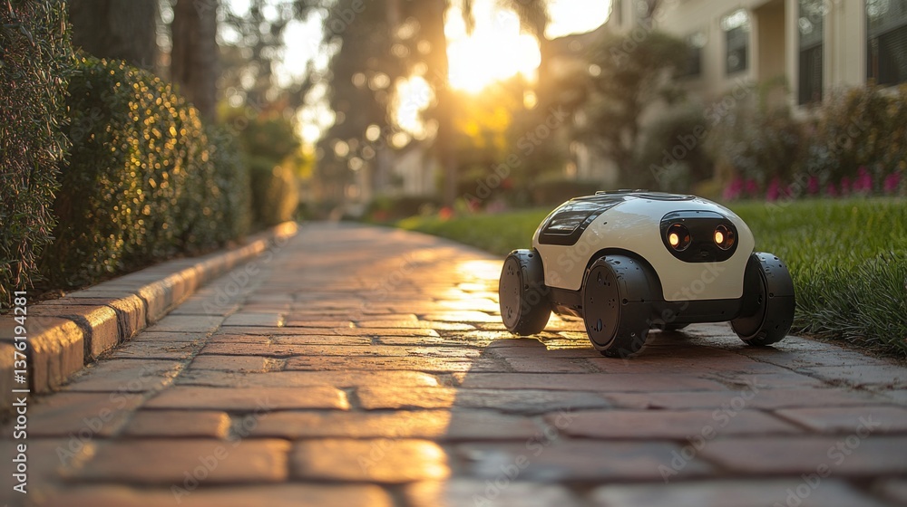 Poster a small robotic delivery vehicle is moving along a brick pathway in a residential area as the sun se