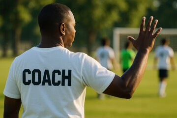 Fototapeta premium Soccer coach gesturing during training session on field