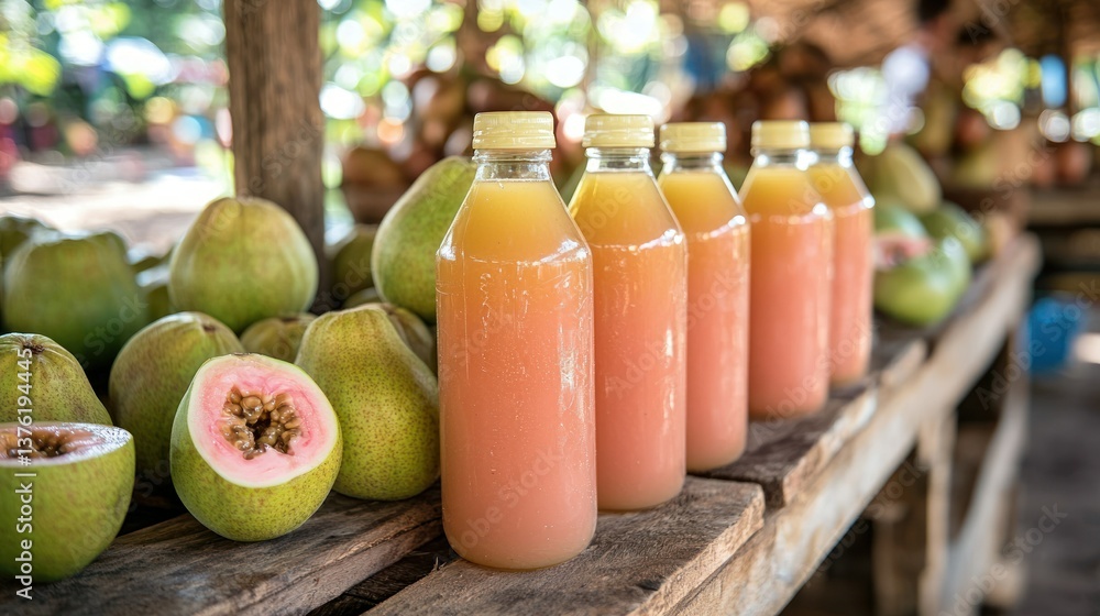 Poster guava juice bottles arranged on a wooden table at an open-air farmerâ€™s market.