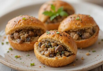 A close-up of profiteroles with mushroom filling on a plate