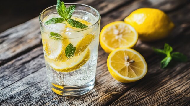 Refreshing lemon mint drink served on rustic wooden table with fresh lemons and mint leaves