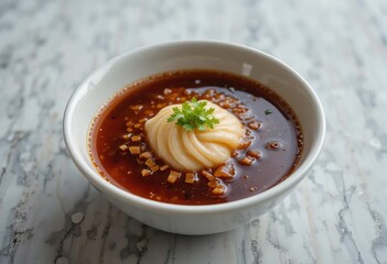 A close-up of Japanese mentai sauce being drizzled over dimsum dumplings