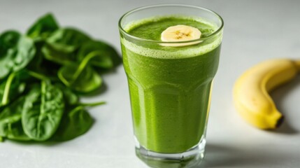Fototapeta premium Healthy green smoothie with spinach and banana prepared on a light kitchen countertop