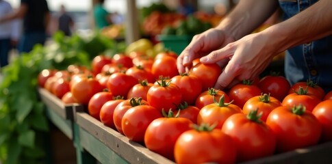 Hands selecting ripe tomatoes at outdoor market stall, selecting, picking, summer