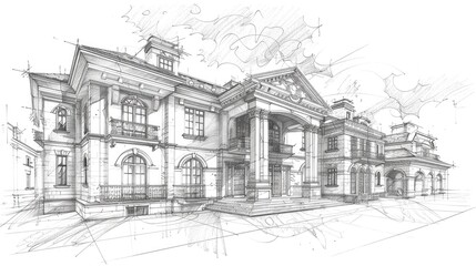 Fototapeta premium Architectural sketch of a grand mansion showcasing intricate details, surrounded by a scenic landscape