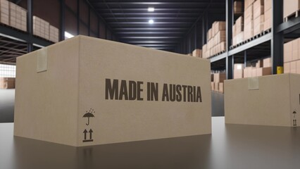 Boxes with MADE IN AUSTRIA text on conveyor. 3d illustration