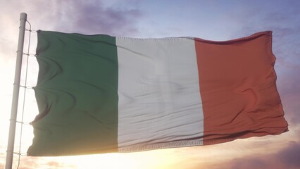 Ireland politics and news concept. Ireland national flag on sky background. 3d illustration