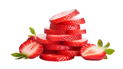 A stack of sliced strawberries with green leaves around it
