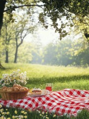 Picnic in Sunny Green Meadow with Food and Checkered Blanket