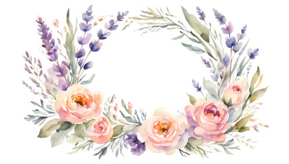 Fototapeta premium Watercolor Lavender Eucalyptus Wreath, Elegant Botanical Wreath Illustration, Purple Green Wedding Wreath Frame, lavendar and rose wreath, roses wreath