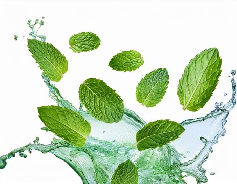 flying mint leaves isolated on white or transparent