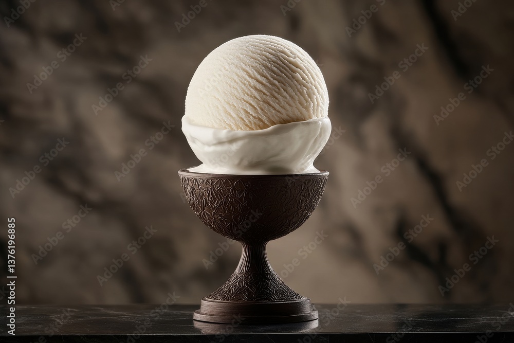 Poster sophisticated dessert served in an ornate cup made of dark material with a perfectly round scoop of 