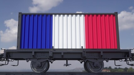 Train and containers with the flag of France. Railway transportation. 3d illustration