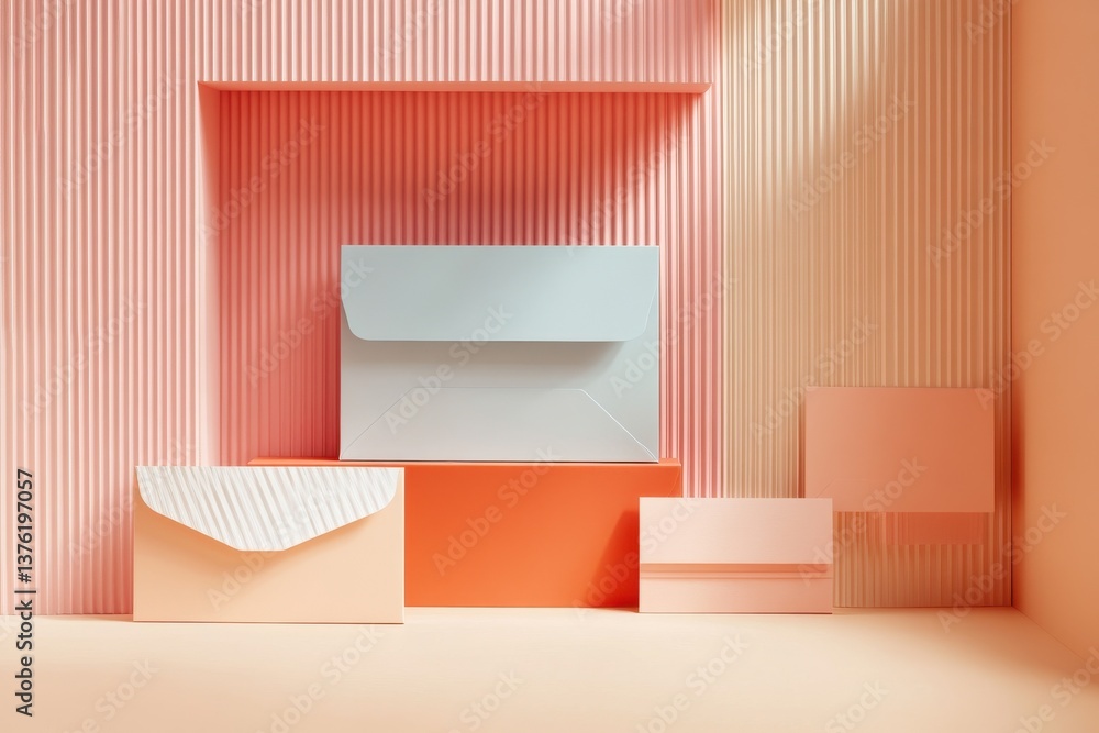 Poster Colorful arrangement of envelopes and boxes in a modern minimalist setting with soft lighting