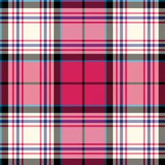 Seamless plaid pattern in pink, white, and black, featuring a variety of stripes and colors for a geometric and stylish design. Perfect for fashion, home decor, and textiles.