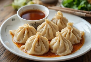 A white plate with steaming momo dumplings and a side of spicy sauce