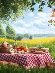 Setting Up a Summer Picnic with Bread, Snacks and Juice Outdoors